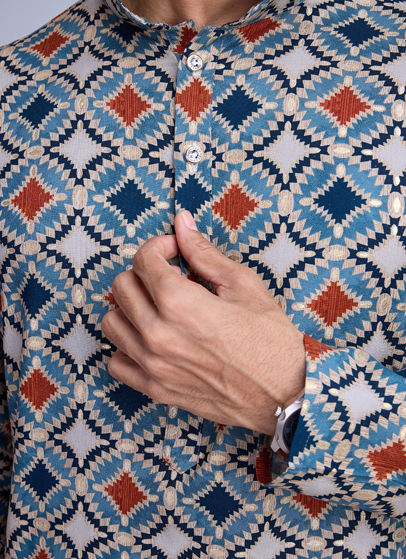 Rayon Sky Blue Casual Wear Printed Readymade Kurta