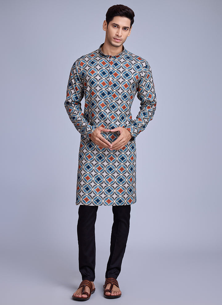 Rayon Sky Blue Casual Wear Printed Readymade Kurta