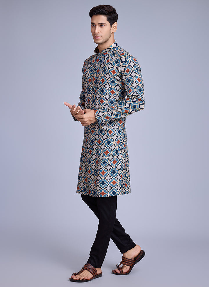 Rayon Sky Blue Casual Wear Printed Readymade Kurta