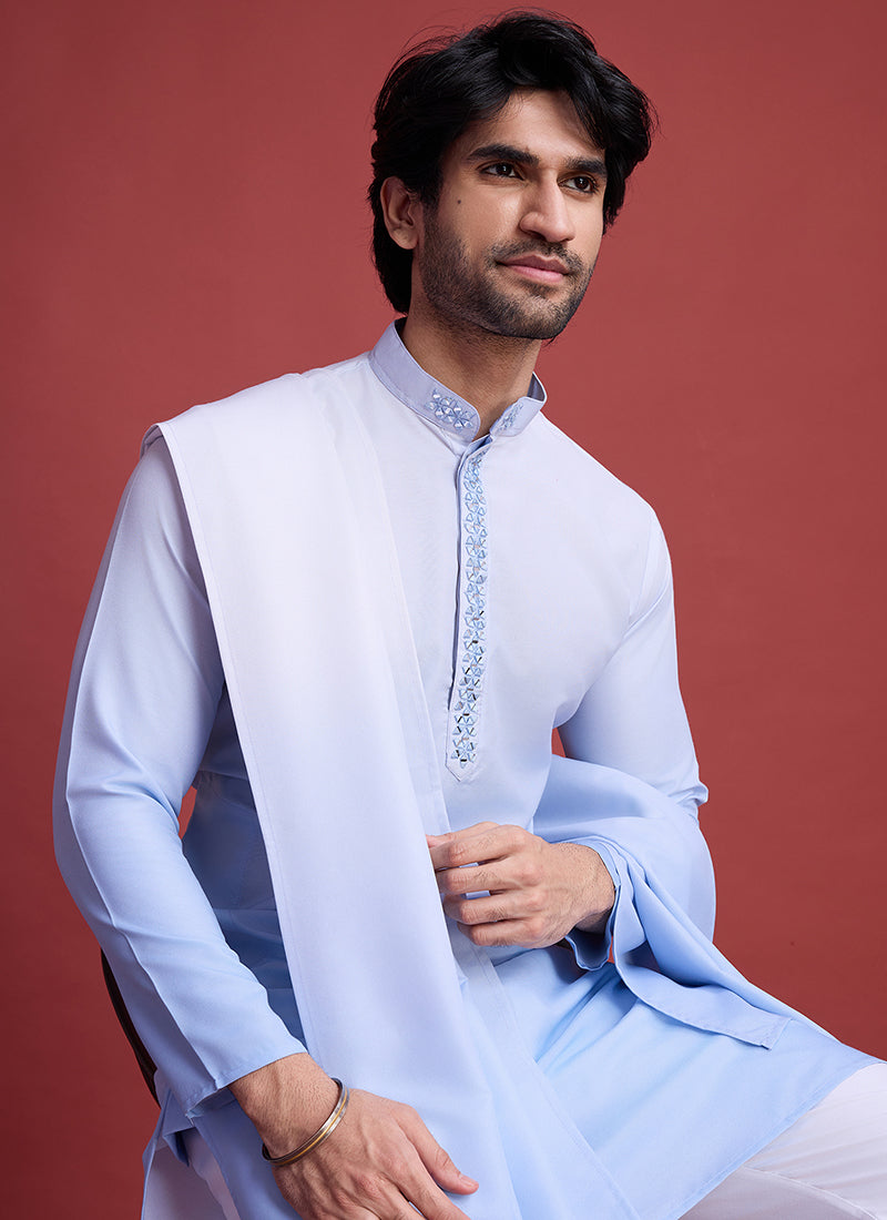 Rayon Sky Blue Traditional Wear Mirror Work Readymade Kurta With Dupatta