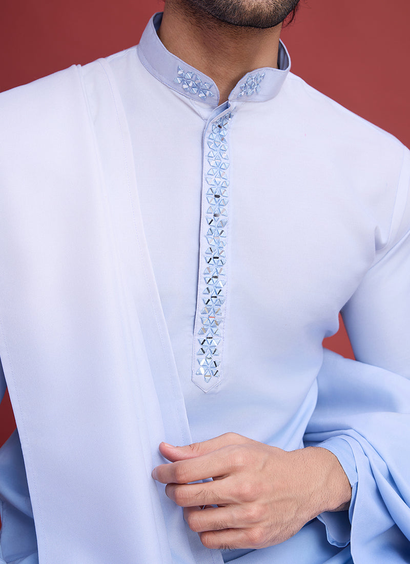 Rayon Sky Blue Traditional Wear Mirror Work Readymade Kurta With Dupatta