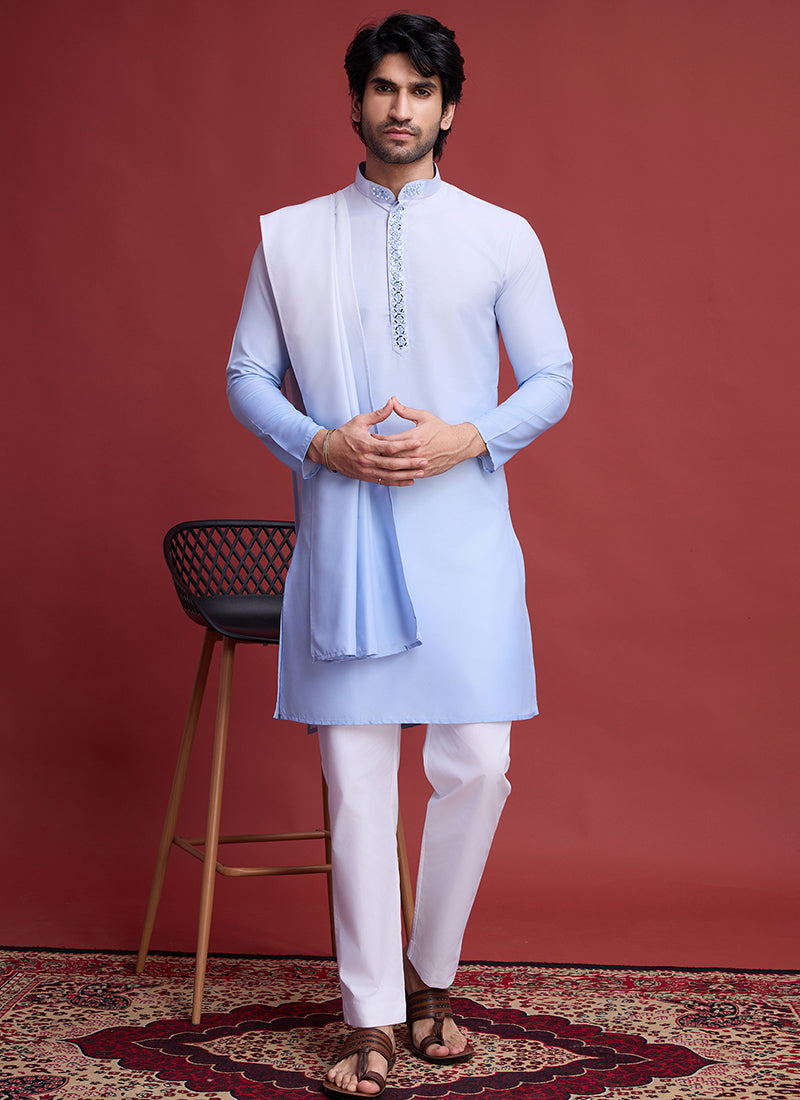 Rayon Sky Blue Traditional Wear Mirror Work Readymade Kurta With Dupatta