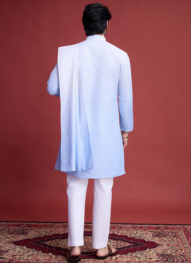 Rayon Sky Blue Traditional Wear Mirror Work Readymade Kurta With Dupatta