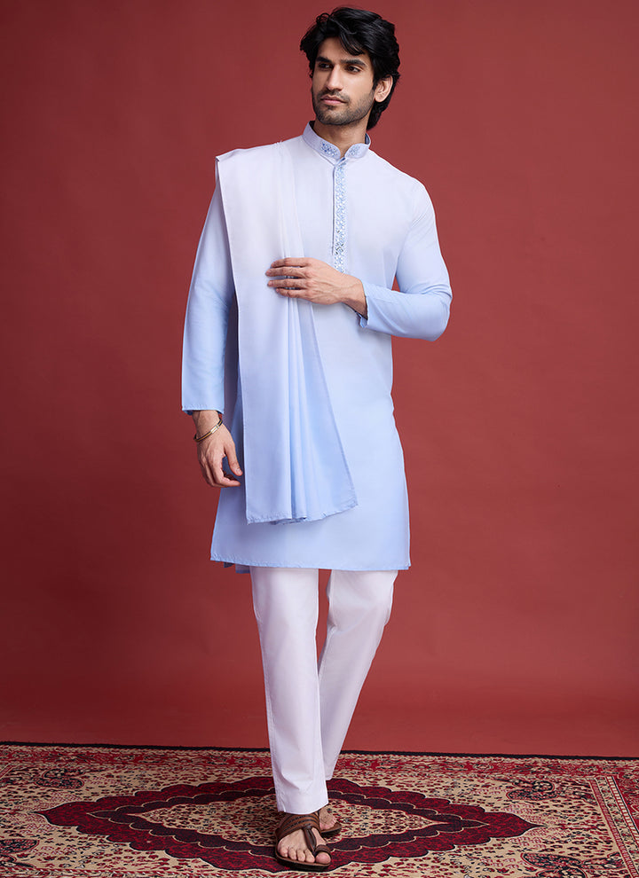 Rayon Sky Blue Traditional Wear Mirror Work Readymade Kurta With Dupatta