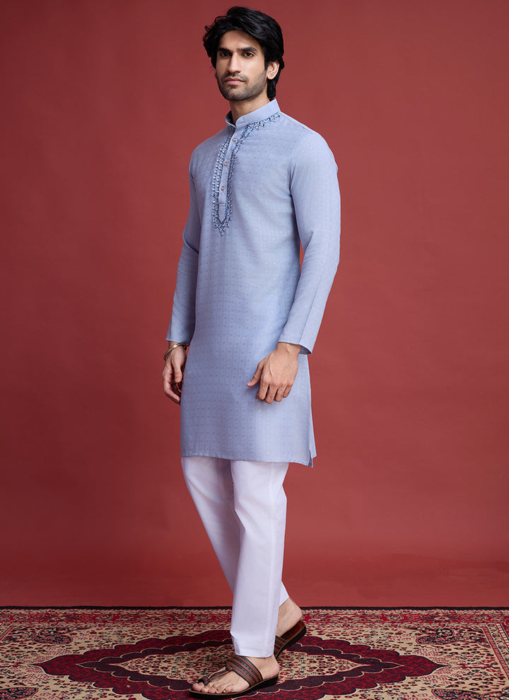 Viscose Sky Blue Ceremonial Wear Mirror Work Readymade Kurta