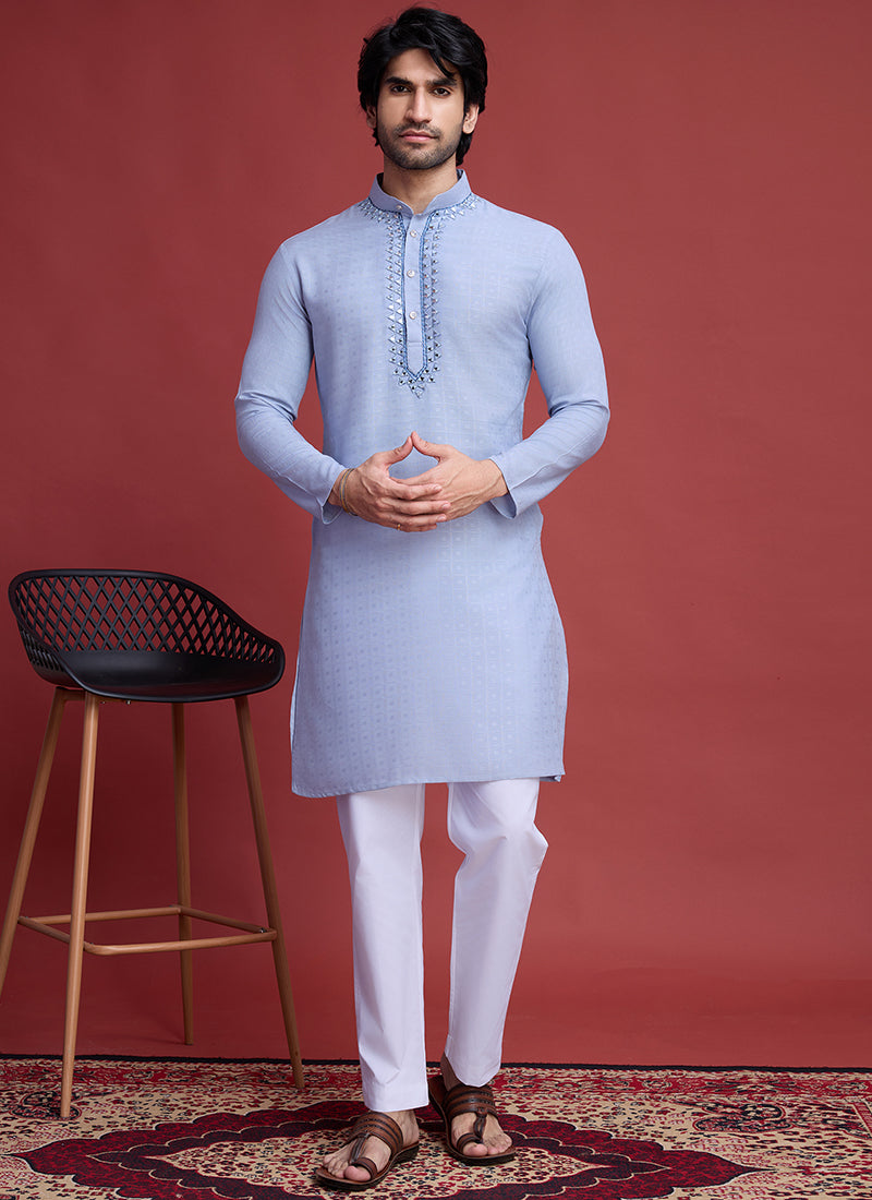 Viscose Sky Blue Ceremonial Wear Mirror Work Readymade Kurta