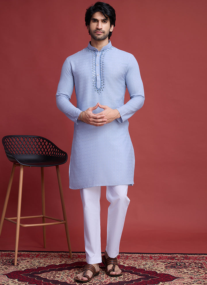 Viscose Sky Blue Ceremonial Wear Mirror Work Readymade Kurta
