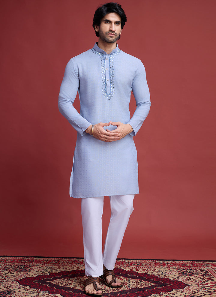 Viscose Sky Blue Ceremonial Wear Mirror Work Readymade Kurta