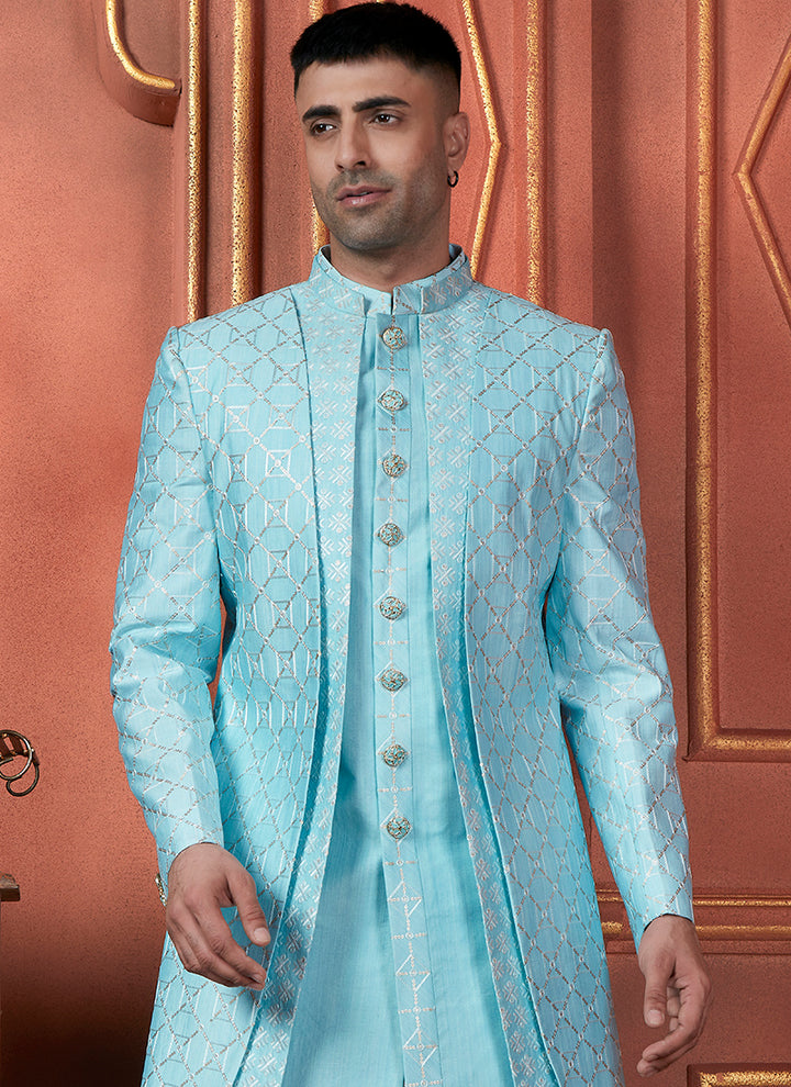 Silk Sky Blue Wedding Wear Computer Thread Readymade Sherwani Set