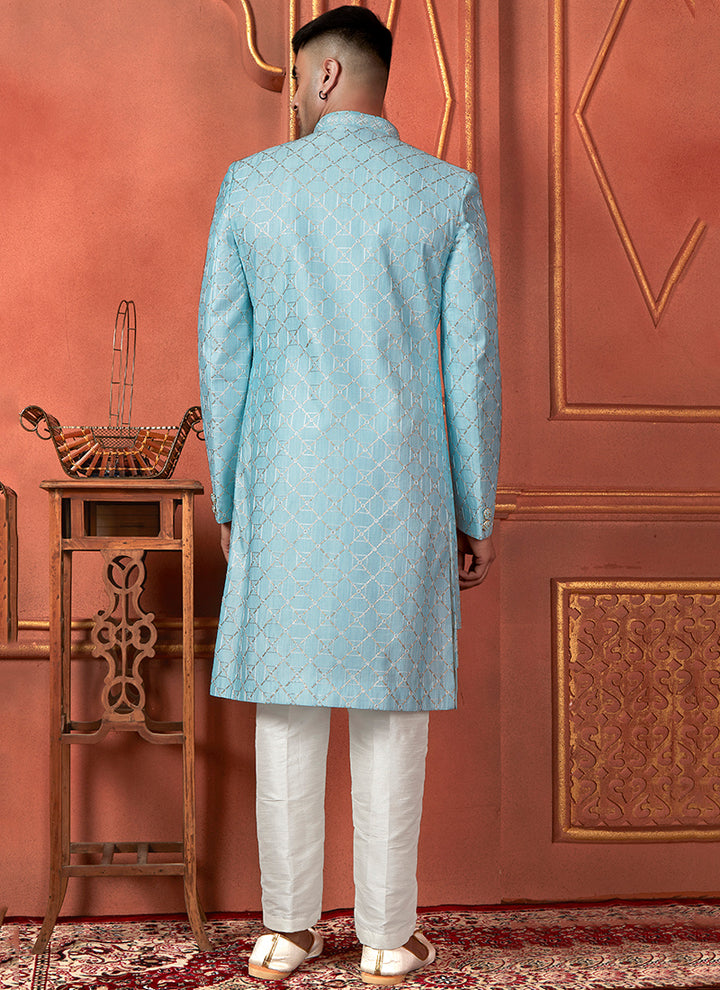Silk Sky Blue Wedding Wear Computer Thread Readymade Sherwani Set