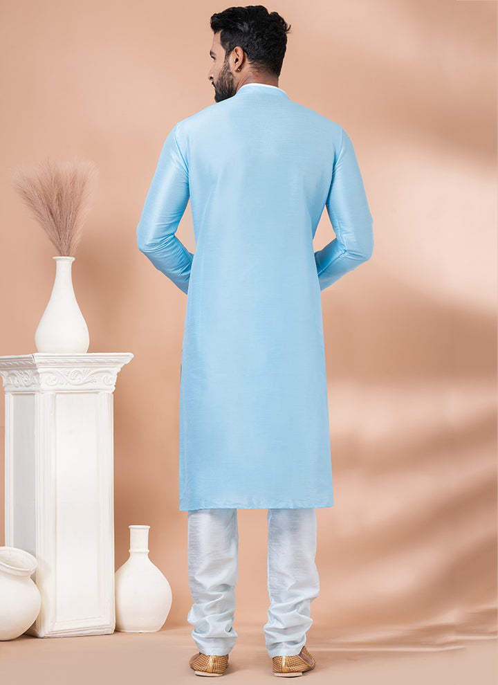 Banarasi Dhupion Silk Sky Blye Festival Wear Weaving Kurta Pajama