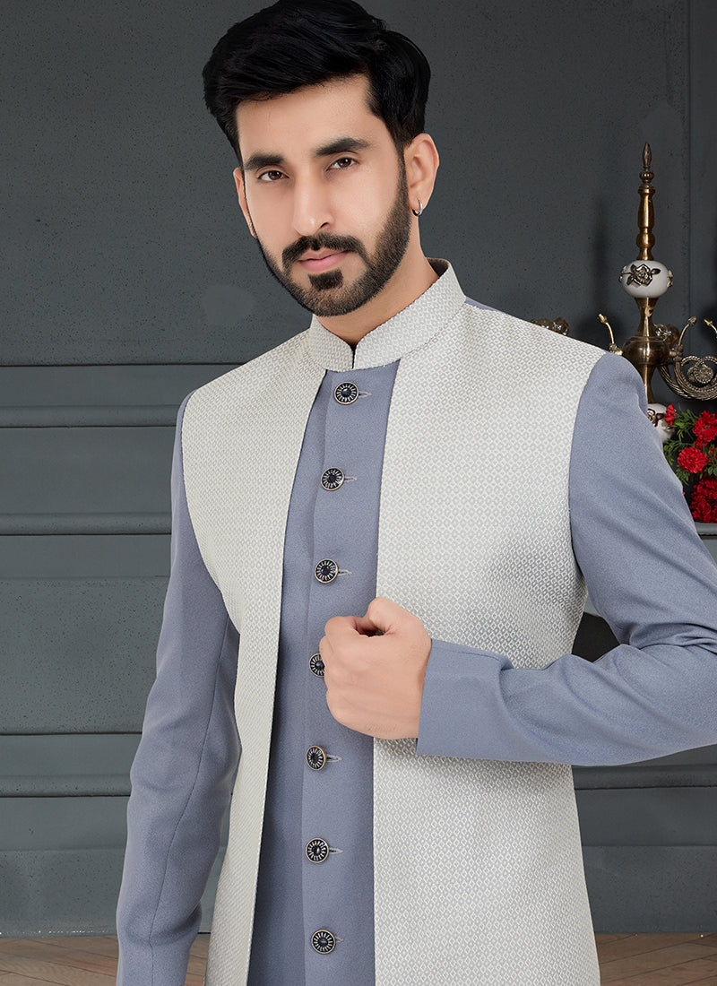 Stone Grey Off White  Jecquard Traditional Wear Weaving Italian Indo Western