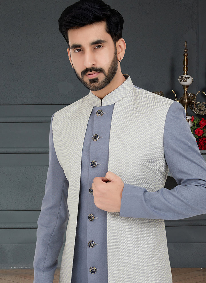 Stone Grey Off White  Jecquard Traditional Wear Weaving Italian Indo Western
