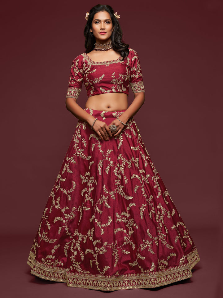 Super Maroon Thread Embroidery Art Silk Wedding Lehenga Choli