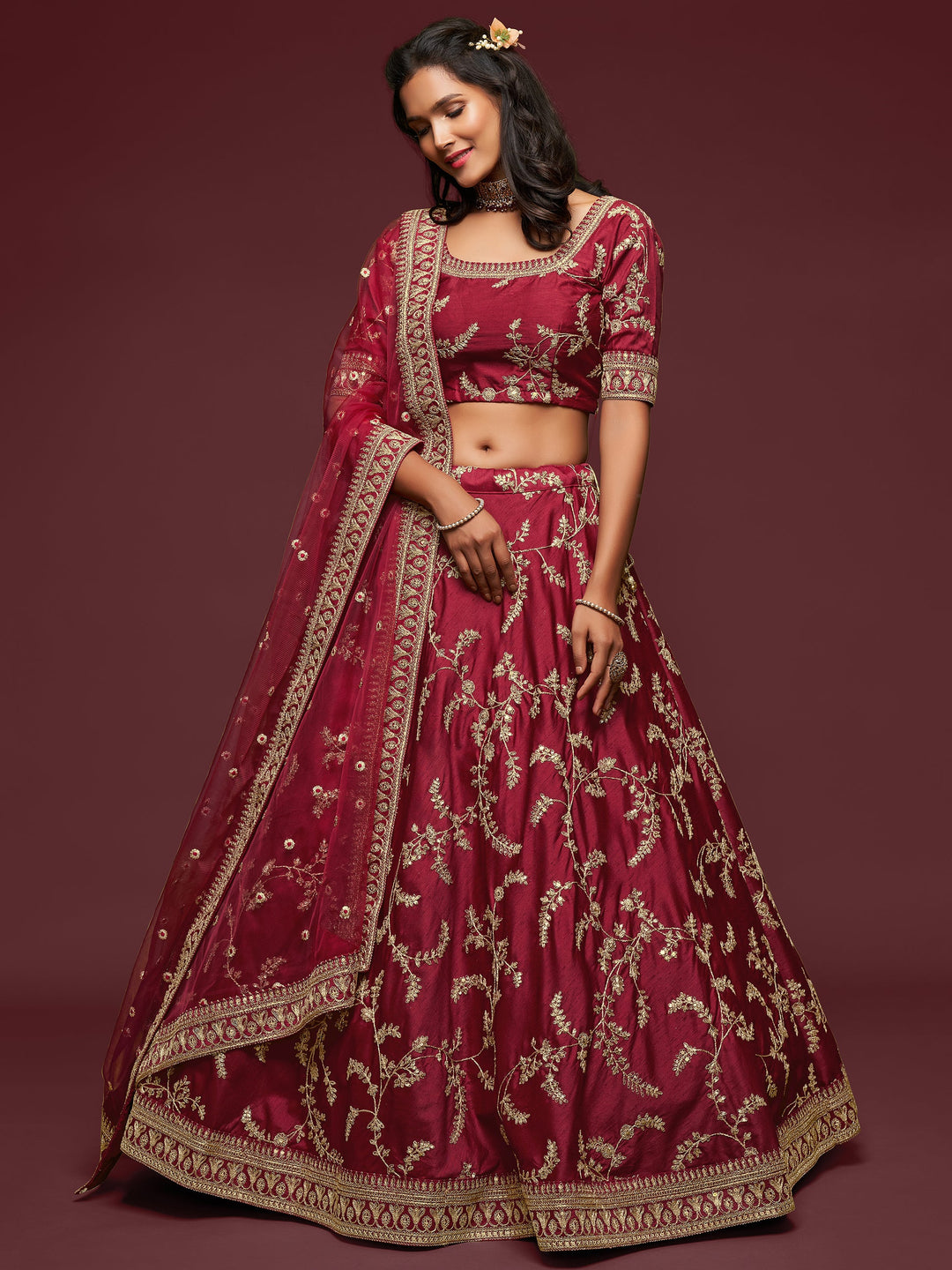 Maroon Thread Embroidery Art Silk Wedding Lehenga Choli