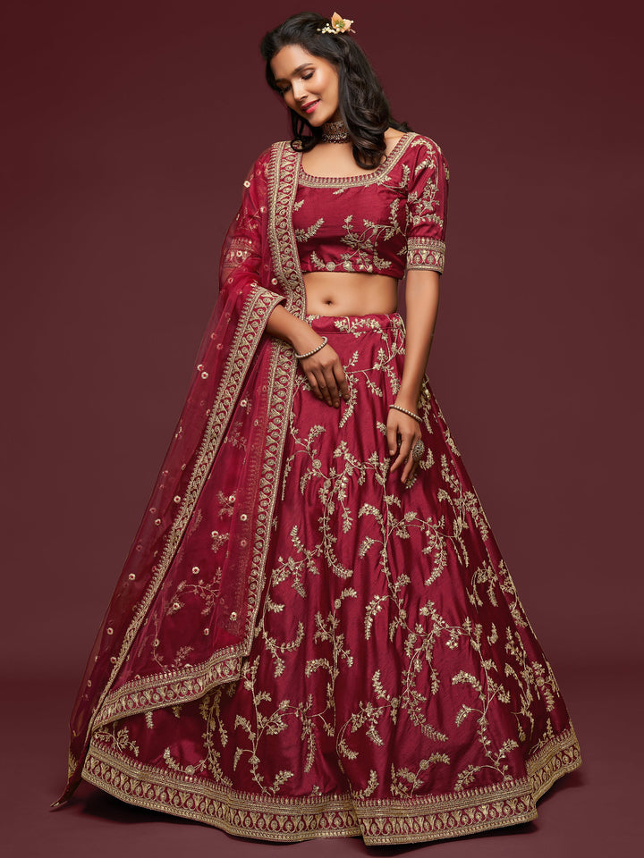 Maroon Thread Embroidery Art Silk Wedding Lehenga Choli