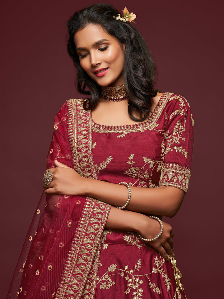 Maroon Thread Embroidery Art Silk Wedding Lehenga Choli