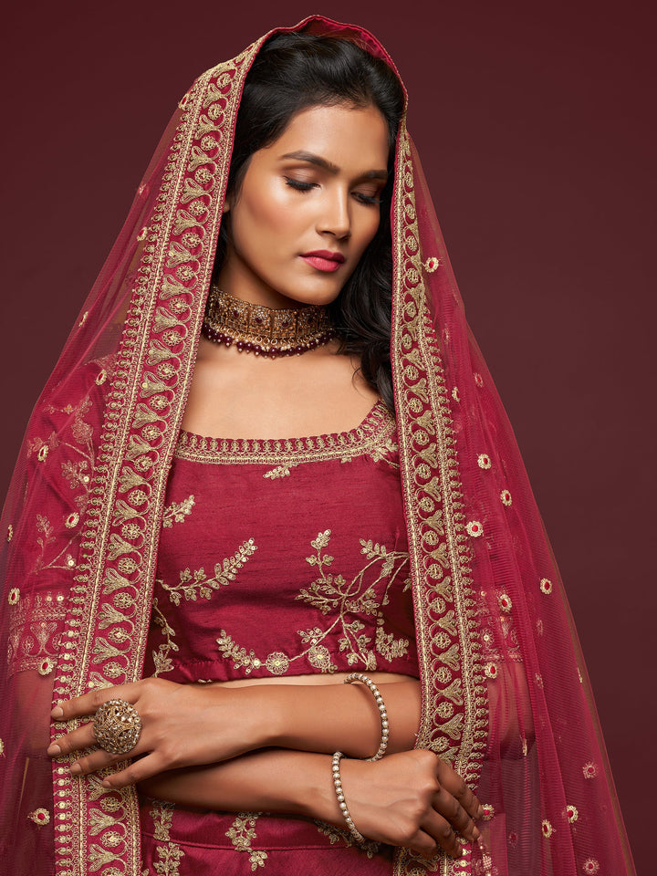 Super Maroon Thread Embroidery Art Silk Wedding Lehenga Choli