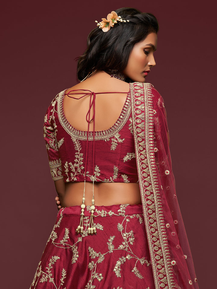 Maroon Thread Embroidery Art Silk Wedding Lehenga Choli