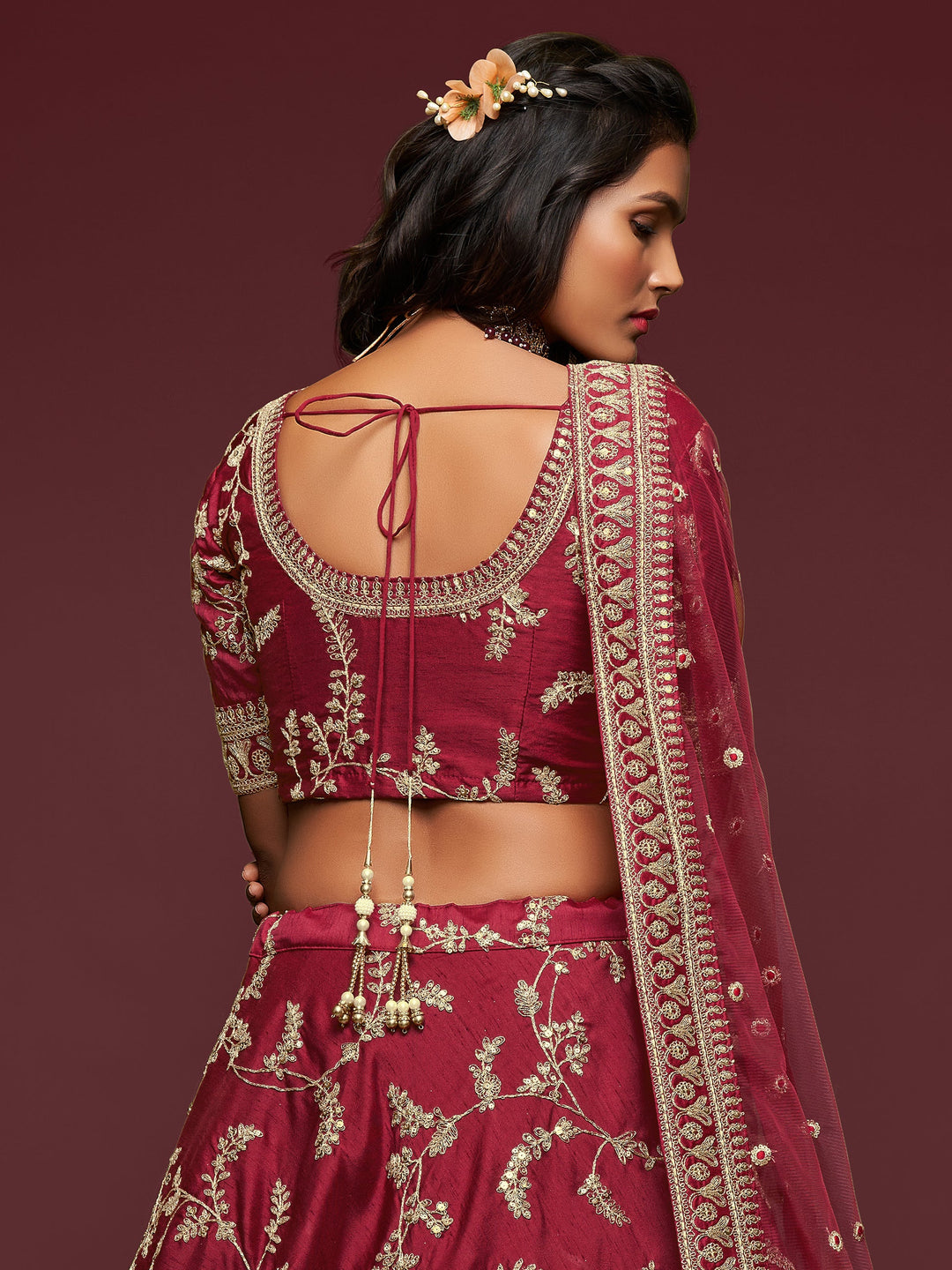 Super Maroon Thread Embroidery Art Silk Wedding Lehenga Choli