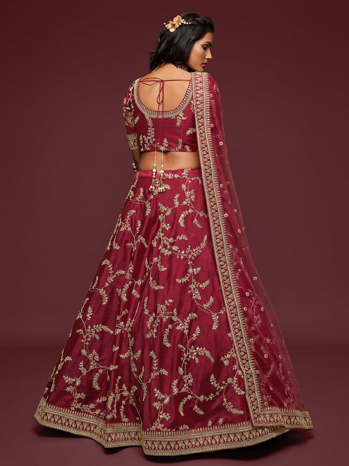 Super Maroon Thread Embroidery Art Silk Wedding Lehenga Choli