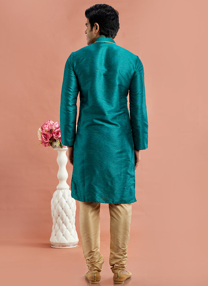 Banarasi Art Silk Teal Festival Wear Machine Work Readymade Kurta Pajama