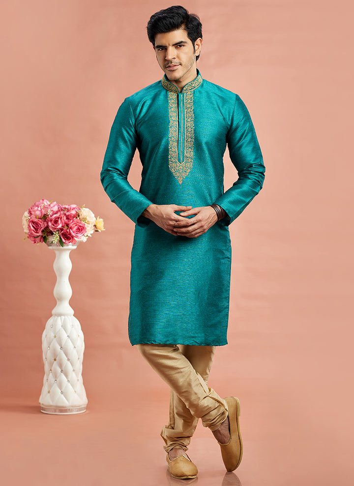 Banarasi Art Silk Teal Festival Wear Machine Work Readymade Kurta Pajama