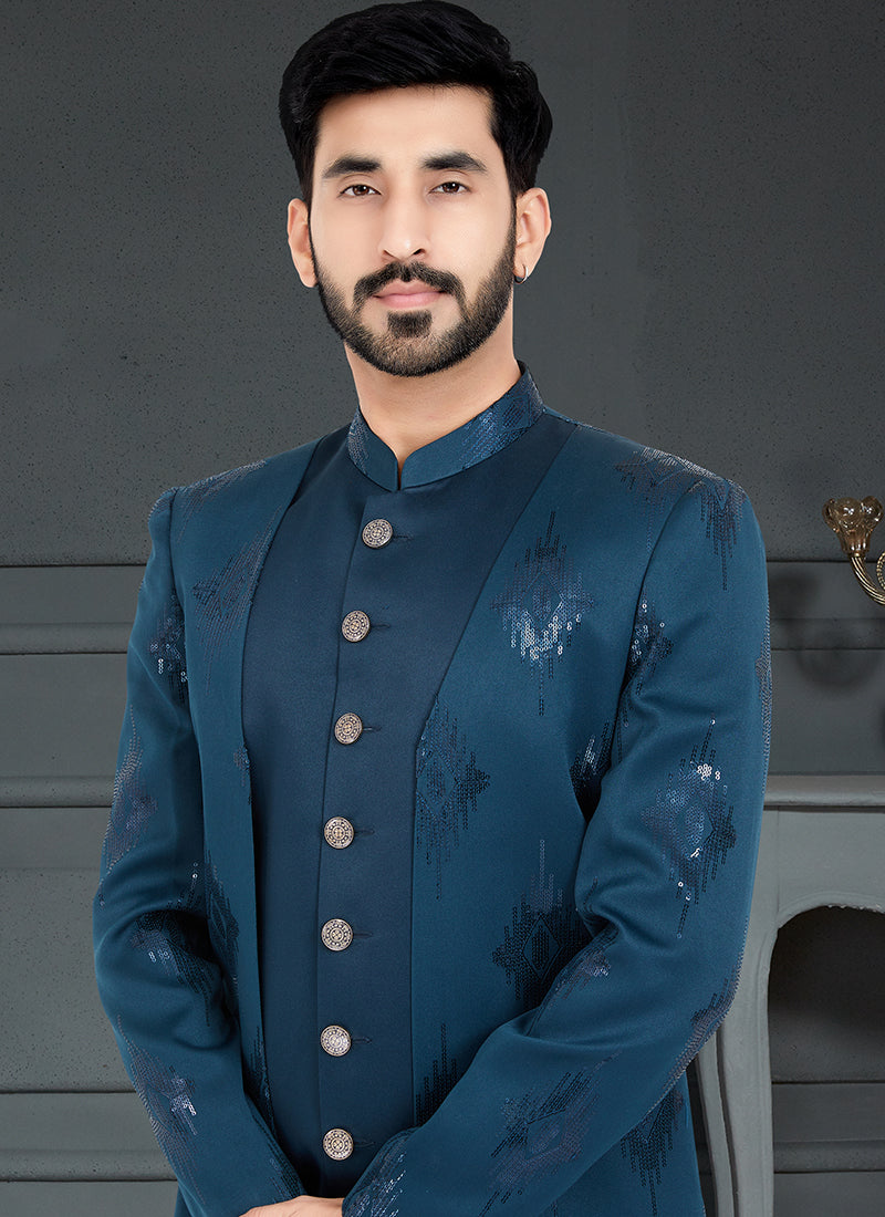 Teal Blue Sequence Embroidery Traditional Wear Weaving Italian Indo Western