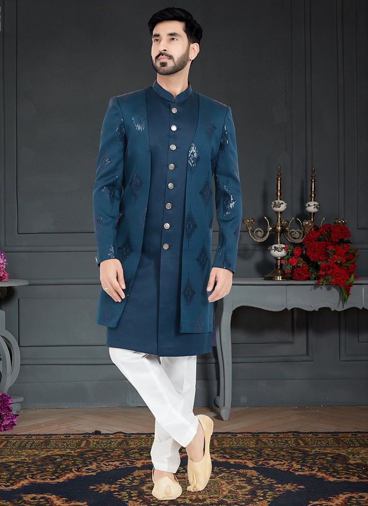 Teal Blue Sequence Embroidery Traditional Wear Weaving Italian Indo Western