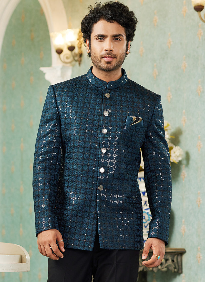Teal Green Art Silk Wedding Wear Thread Work Jodhpuri Suit