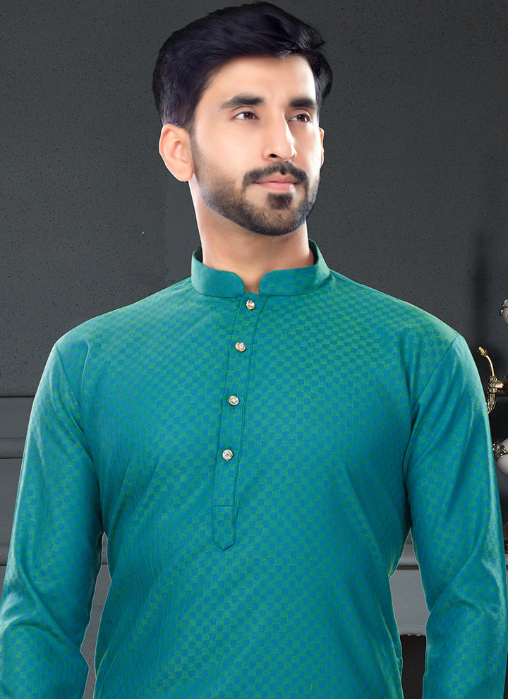 Teal Green Cotton Traditional Wear Jacquard Kurta Pajama