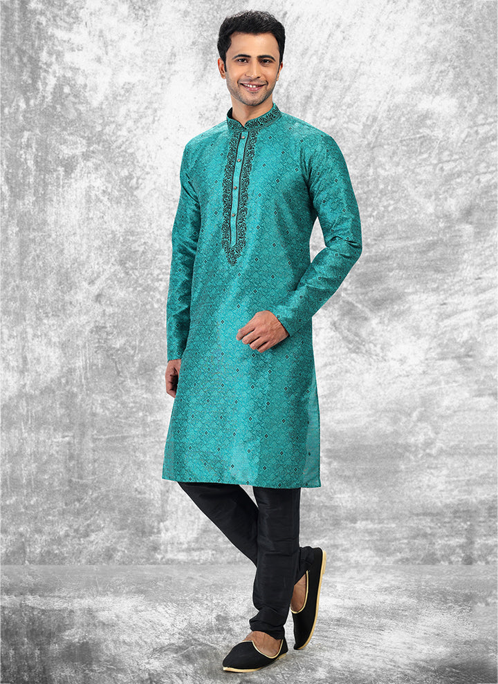 Teal Green Jacquard Brocade Silk Traditional Wear Thread Work Kurta Pajama