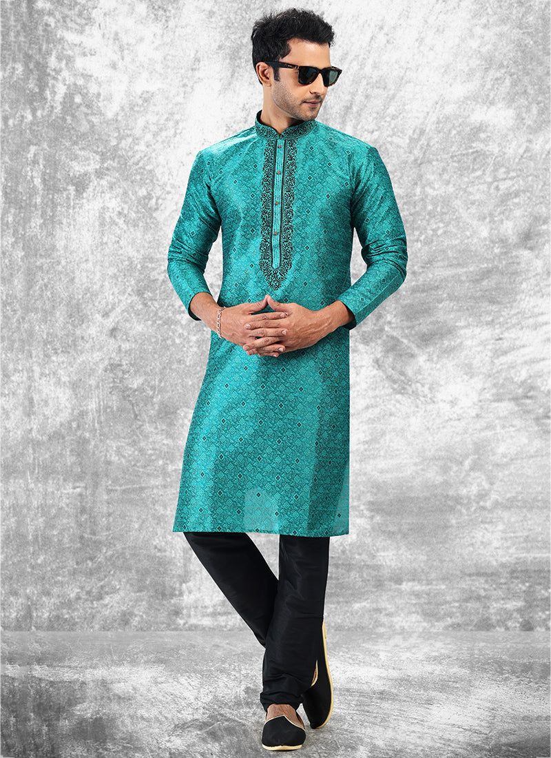 Teal Green Jacquard Brocade Silk Traditional Wear Thread Work Kurta Pajama