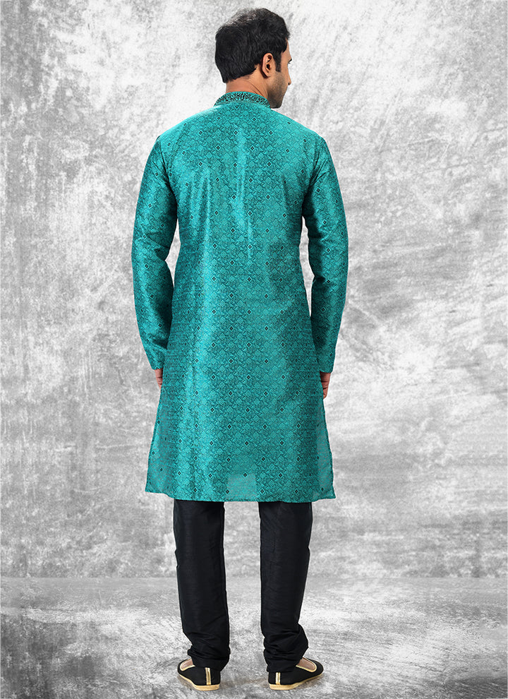 Teal Green Jacquard Brocade Silk Traditional Wear Thread Work Kurta Pajama