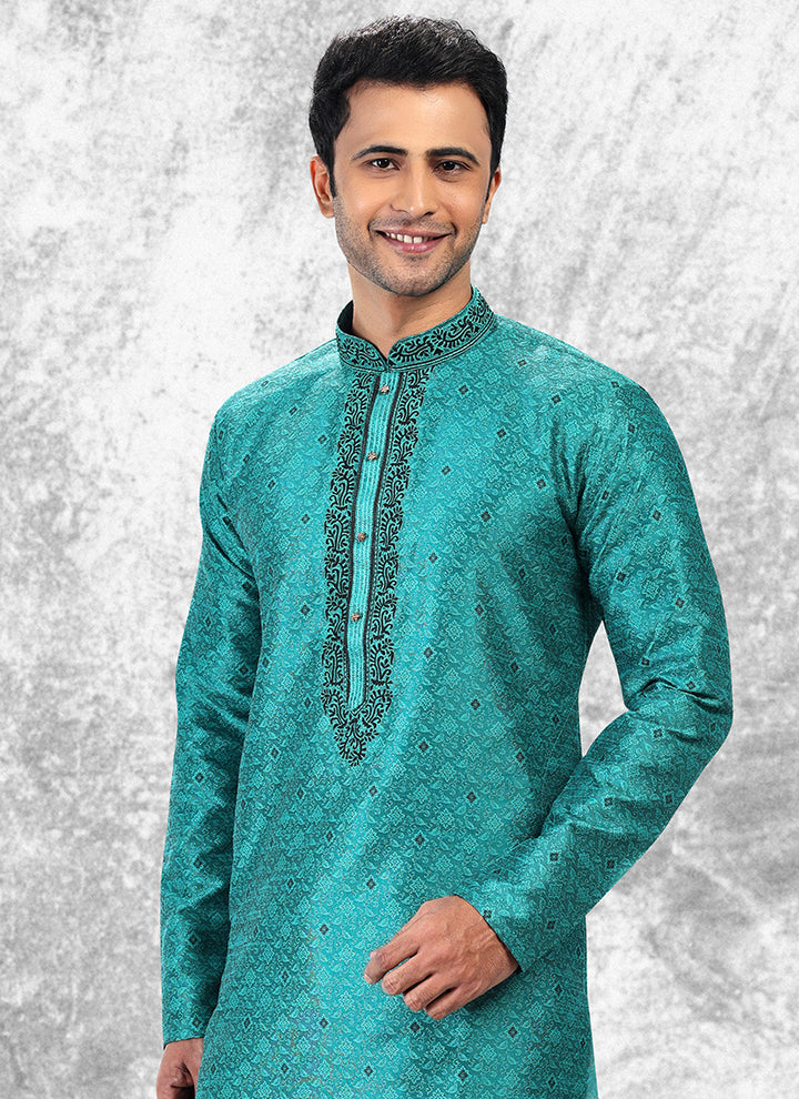 Teal Green Jacquard Brocade Silk Traditional Wear Thread Work Kurta Pajama