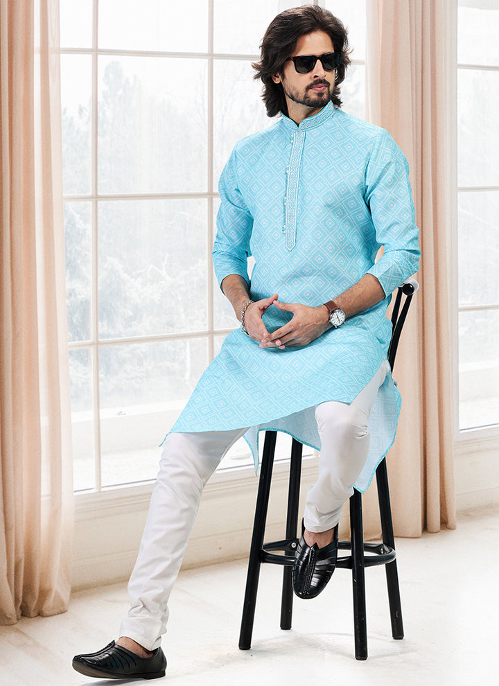 Teal green Cotton Traditional Wear Thread Work Kurta Pajama