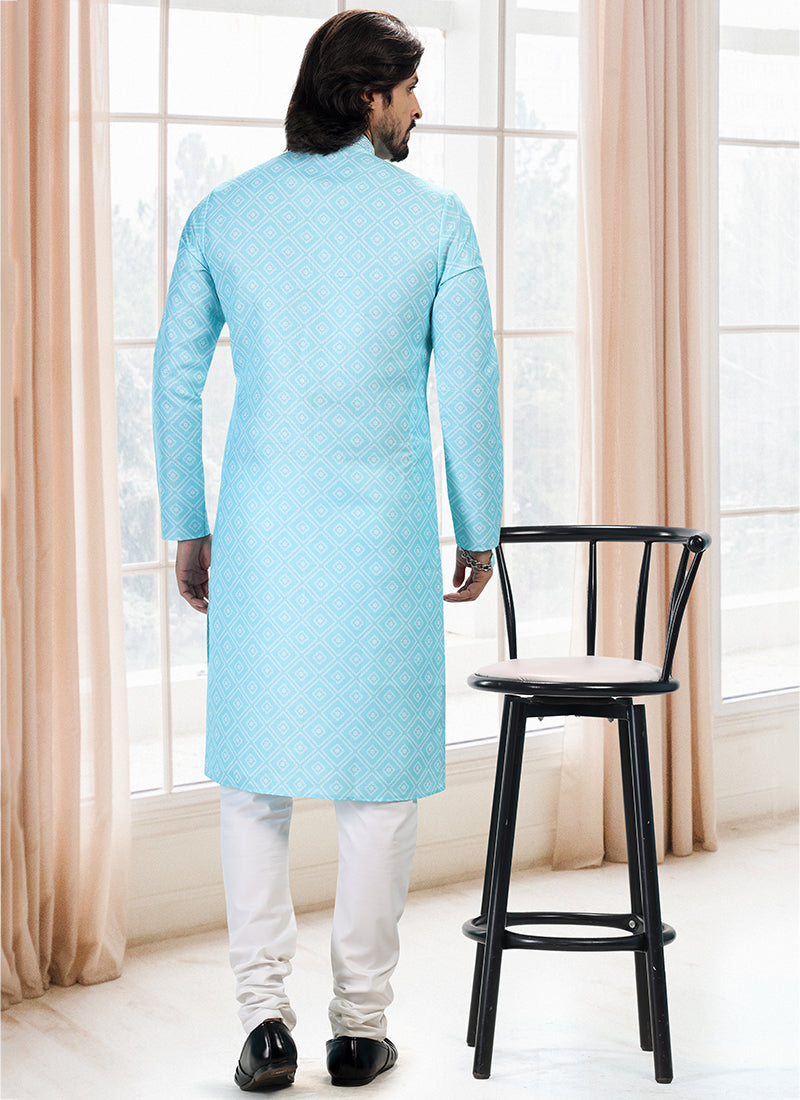 Teal green Cotton Traditional Wear Thread Work Kurta Pajama