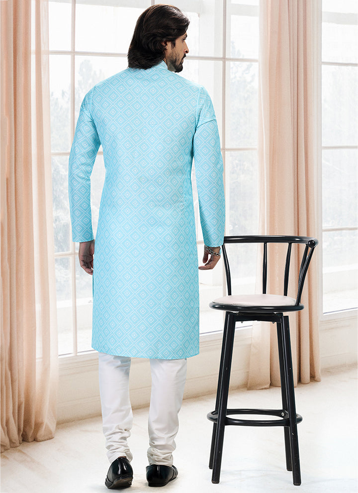 Teal green Cotton Traditional Wear Thread Work Kurta Pajama