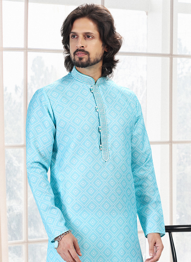 Teal green Cotton Traditional Wear Thread Work Kurta Pajama