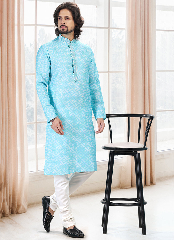 Teal green Cotton Traditional Wear Thread Work Kurta Pajama