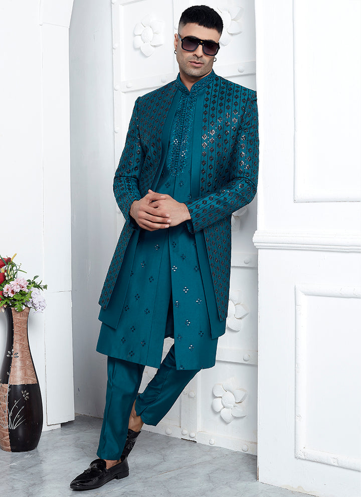 Art Silk Teal Blue Wedding Wear Embroidery Work Readymade Sherwani