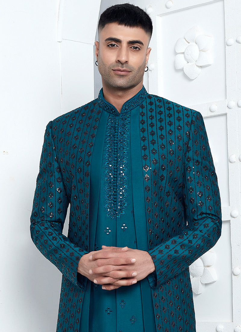 Art Silk Teal Blue Wedding Wear Embroidery Work Readymade Sherwani