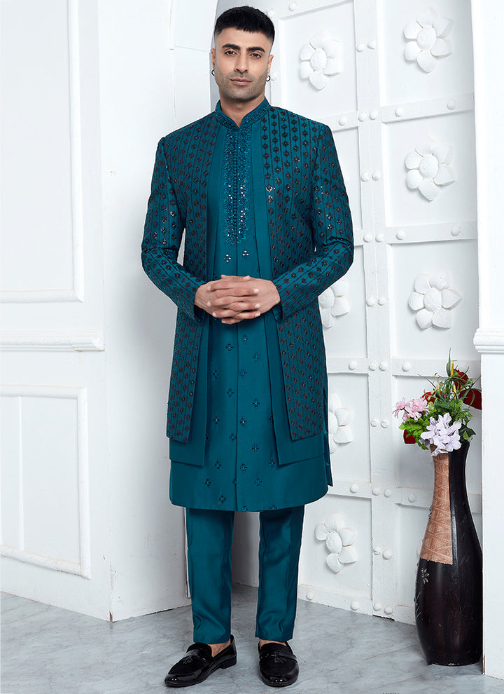 Art Silk Teal Blue Wedding Wear Embroidery Work Readymade Sherwani