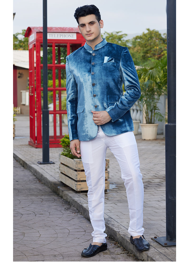 Velvet Teal Blue Party Wear Thread Work Readymade Jodhpuri Suit(Top Only)