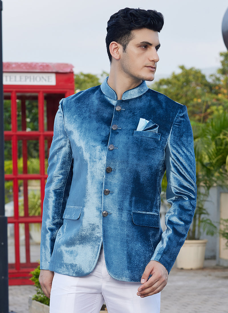 Velvet Teal Blue Party Wear Thread Work Readymade Jodhpuri Suit(Top Only)