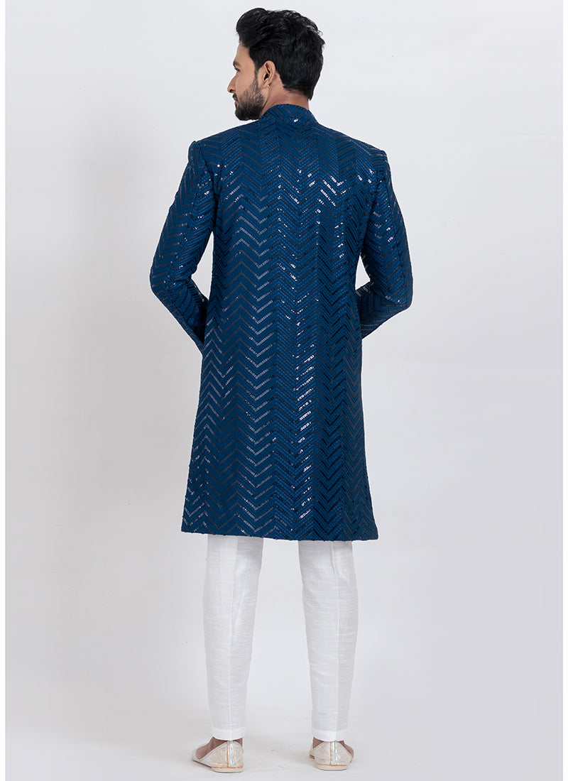 Viscose Rayon Teal Blue Eid Wear Sequins Work Readymade Indo Western