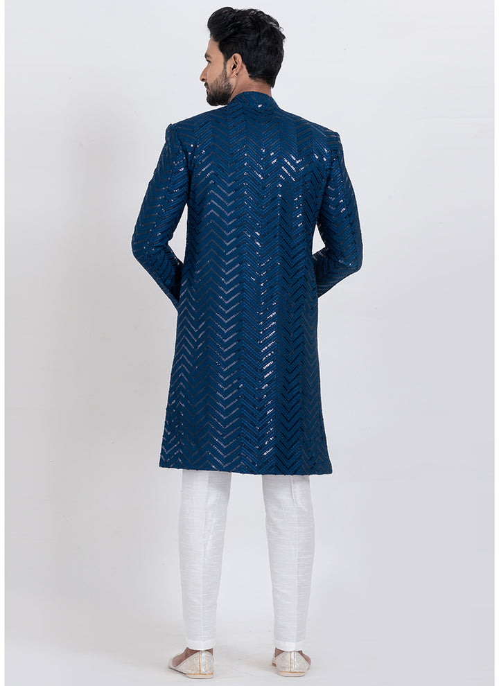 Viscose Rayon Teal Blue Eid Wear Sequins Work Readymade Indo Western