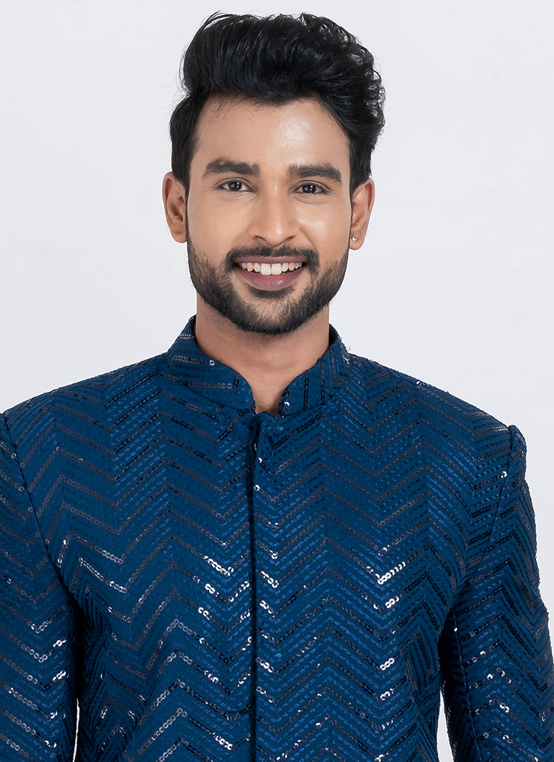 Viscose Rayon Teal Blue Eid Wear Sequins Work Readymade Indo Western