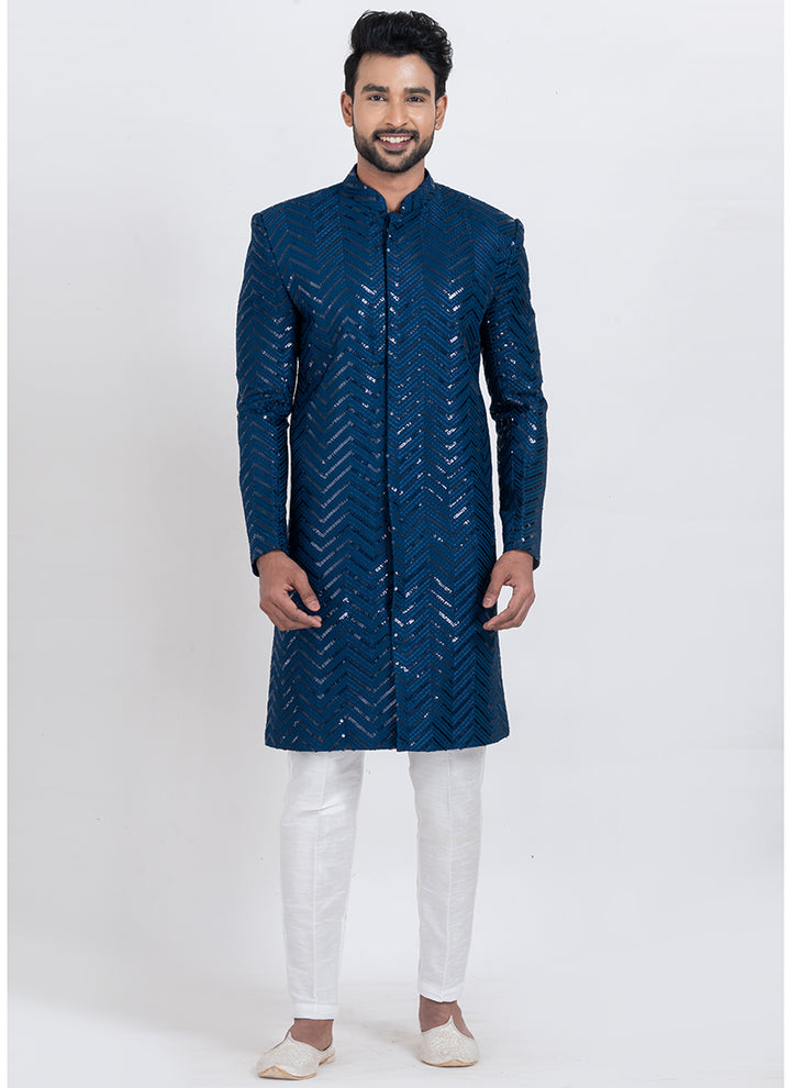 Viscose Rayon Teal Blue Eid Wear Sequins Work Readymade Indo Western