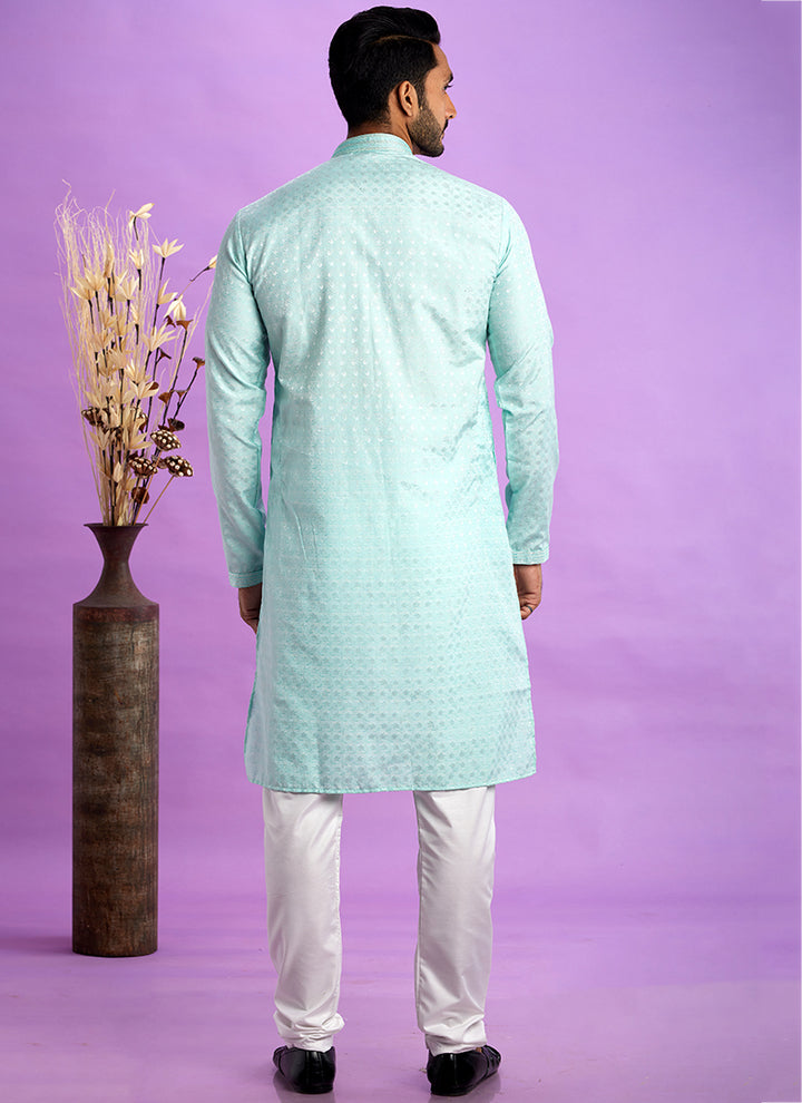 Art Silk Teal Green Festival Wear Jacquard Kurta Pajama